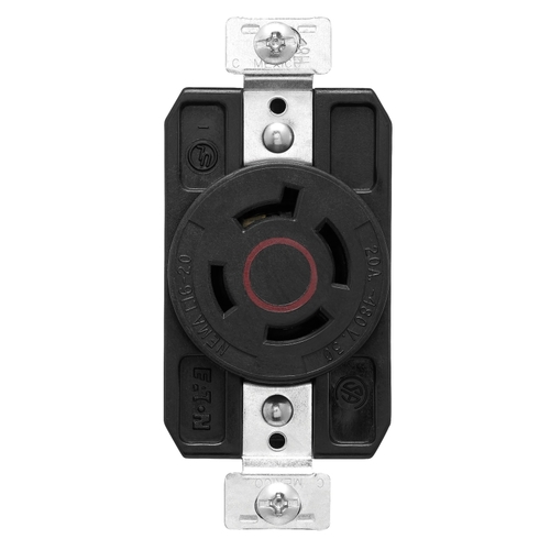 Locking Single Receptacle, 3 -Pole, 480 VAC, 20 A, Back and Side Wiring, NEMA: NEMA L16-20 Black/Red