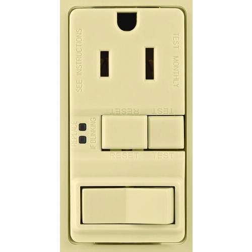 VGFS15V-MSP GFCI Receptacle and Switch, 2 -Pole, 15 A, 125 VAC, NEMA: NEMA 5-15R, Ivory