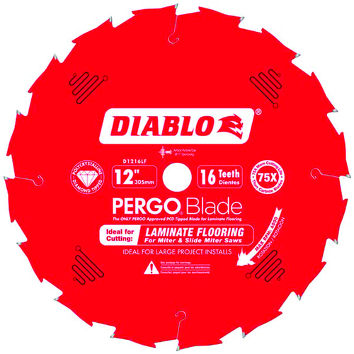 Diablo D1216LF Circular Saw Blade, 12 in Dia, 1 in Arbor, 16-Teeth, Polycrystalline Diamond Cutting Edge