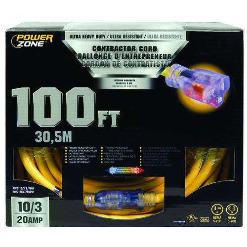 Contractor Cord, 10 AWG Cable, 100 ft L, 20 A, 125 V, Yellow