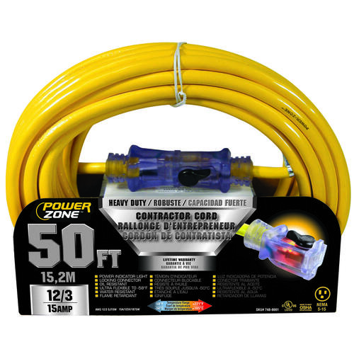 PowerZone ORP511830 Contractor Cord, 12 AWG Cable, 50 ft L, 15 A, 125 V, Yellow