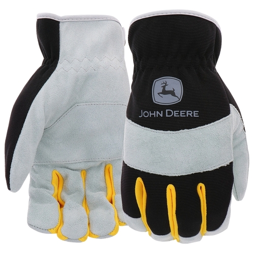 John Deere JD86020-L Work Gloves, Slip-On, Men's, L, Keystone Thumb, Shirred Cuff, Spandex Back, Black/Gray