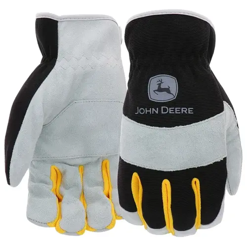 John Deere JD86020-L Work Gloves, Slip-On, Men's, L, Keystone Thumb, Shirred Cuff, Spandex Back, Black/Gray Pair