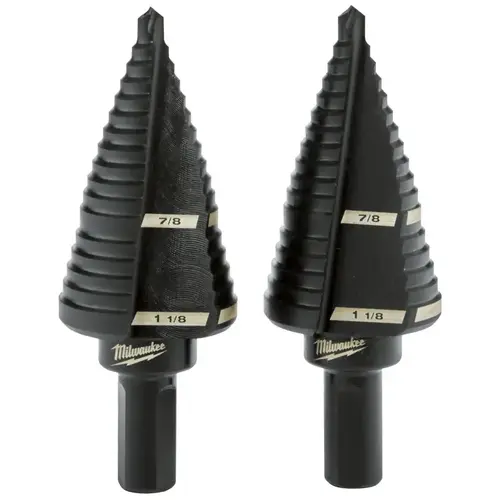 Step Drill Bit, 7/8 to 1-1/8 in Dia, 2-Flute, 3/8 in Dia Shank, 3-Flat Shank Black Oxide - pack of 2