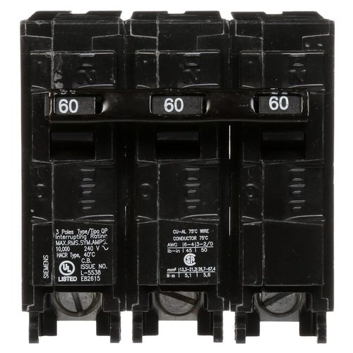 Siemens Q360 Circuit Breaker, Low Voltage, Mini, Standard, 60 A, 3 -Pole, 240 VAC, Common Trip, Plug Mounting