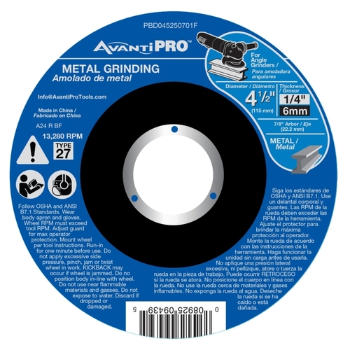 Avanti Pro PBD045250701F Grinding Disc, 4-1/2 in Dia, 1/4 in Thick, 7/8 in Arbor, 36 Grit, Coarse