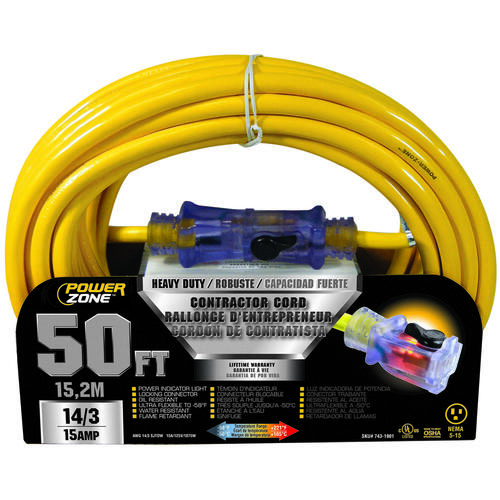 Contractor Cord, 14 AWG Cable, 50 ft L, 15 A, 125 V, Yellow