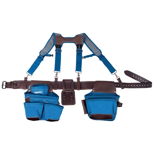 Hybrid Tool Belt, 52 in Waist, Leather/Polyester, Blue, 19-Pocket