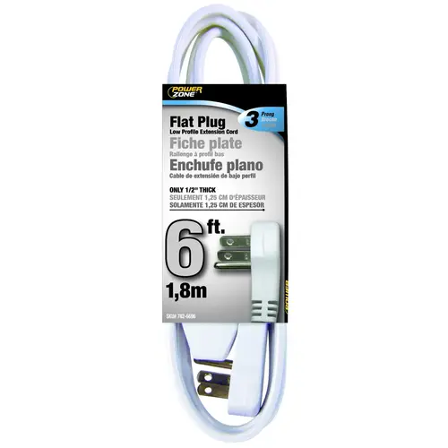 Extension Cord, 16 AWG Cable, 6 ft L, 13 A, 125 V, White