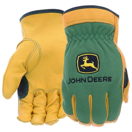 John Deere JD00008-2XL Gloves, Men's, 2XL, Keystone Thumb, Shirred Elastic Cuff, Spandex Back, Green/Yellow