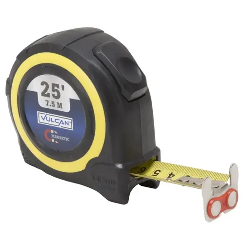 Tape Measure, 25 ft L Blade, 1 in W Blade, Steel Blade, ABS Plastic Case, Yellow Case