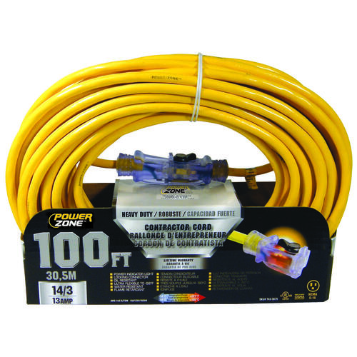 PowerZone ORP511735 Contractor Cord, 14 AWG Cable, 100 ft L, 13 A, 125 V, Yellow