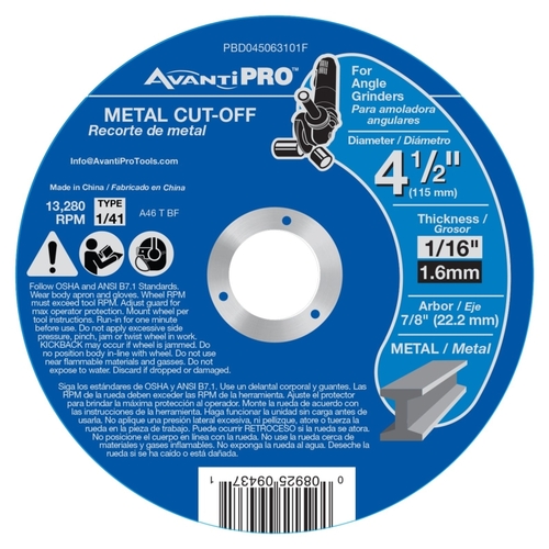 Avanti Pro PBD045063101F Cut-Off Disc, 4-1/2 in Dia, 7/8 in Arbor