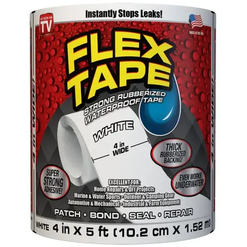 Waterproof Tape, 5 ft L, 4 in W, Rubber Backing, White