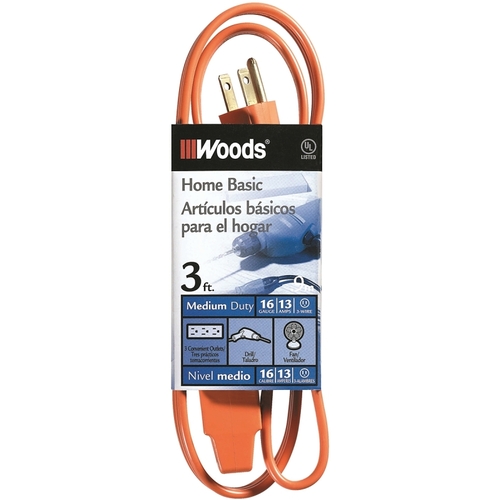 CCI 0814 Extension Cord, 16 AWG Cable, 3 ft L, 13 A, 125 V, Orange
