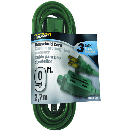 Extension Cord, 16 AWG Cable, 9 ft L, 13 A, 125 V, Green