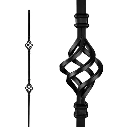 Double Basket Stair Baluster, 44 in H, 1/2 in W, Square, Steel, Black, Powder-Coated/Semi-Matte