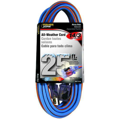 PowerZone ORC530725 Extension Cord, 14 AWG Cable, 5-15P Grounded Plug, 5-15R Grounded Receptacle, 25 ft L, 15 A, 125 V