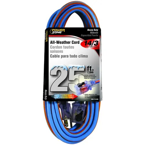 PowerZone ORC530725 Extension Cord, 14 AWG Cable, 5-15P Grounded Plug, 5-15R Grounded Receptacle, 25 ft L, 15 A, 125 V