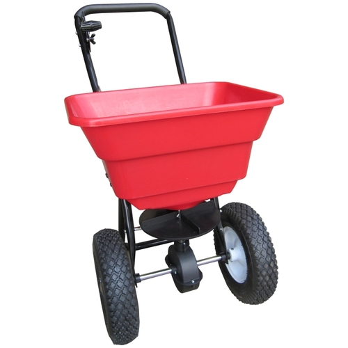 Broadcast Spreader, 12 ft W Spread, 80 lb Capacity, Steel Frame, Poly Hopper, Black Hopper