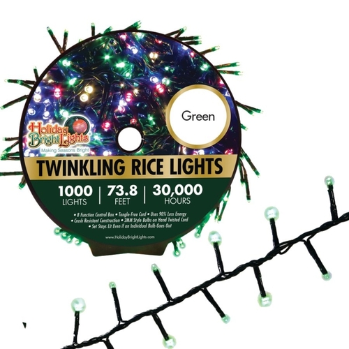 Holiday Bright Lights LED-3MR1000-GGR Straight Rice Light Set, 1000-Lamp, LED Lamp, Green Light, 74 ft L