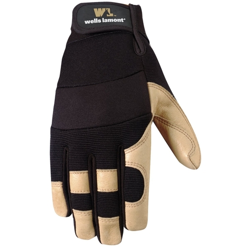 Wells Lamont 3214L 3214-L Adjustable Work Gloves, Men's, L, Reinforced Thumb, Spandex Back, Black/Brown/Tan