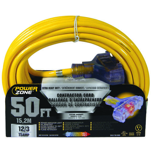 Contractor Cord, 12 AWG Cable, 50 ft L, 15 A, 125 V, Yellow