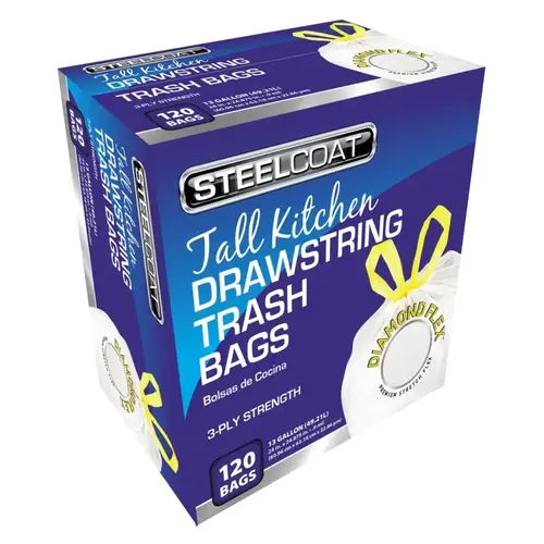 Diamond Flex 13 Gal. Unscented Tall Kitchen White Drawstring Trash Bag (120-Count)