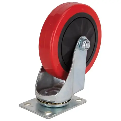 Swivel Caster, 5 in Dia Wheel, 30 mm W Wheel, PU Wheel, Red, 275 lb, Steel Housing Material