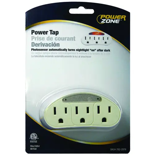 Outlet Tap, 125 V, 3 -Outlet, White