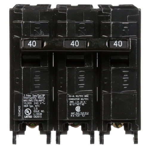 Siemens Q340 Circuit Breaker, Low Voltage, Mini, Standard, 40 A, 3 -Pole, 240 VAC, Common Trip, Plug Mounting