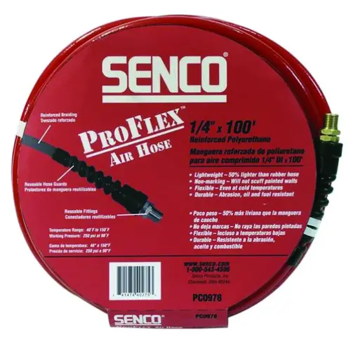 Air Hose, 1/4 in OD, 100 ft L, MPT, 250 psi Pressure, Polyurethane