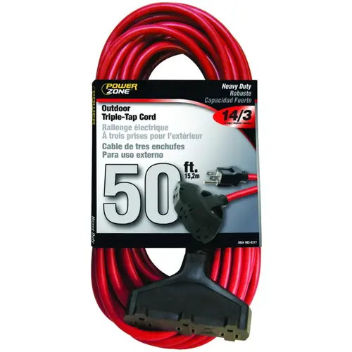 Extension Cord, 14 AWG Cable, 50 ft L, 15 A, 125 V, Red