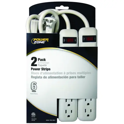 Power Outlet Strip, 6 -Socket, 15 A, 125 V - pack of 2