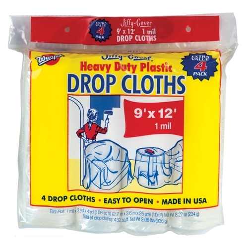 Drop Cloth, 12 ft L, 9 ft W, Plastic - pack of 4