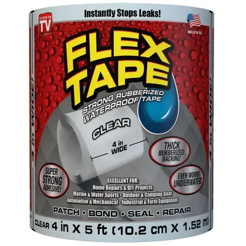 Waterproof Tape, 5 ft L, 4 in W, Rubber Backing, Clear