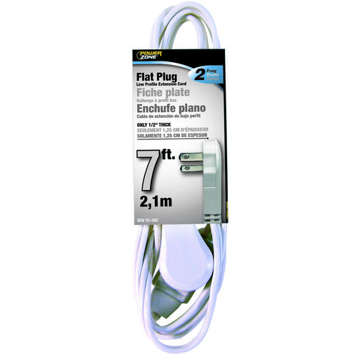 Extension Cord, 16 AWG Cable, 7 ft L, 13 A, 125 V, White