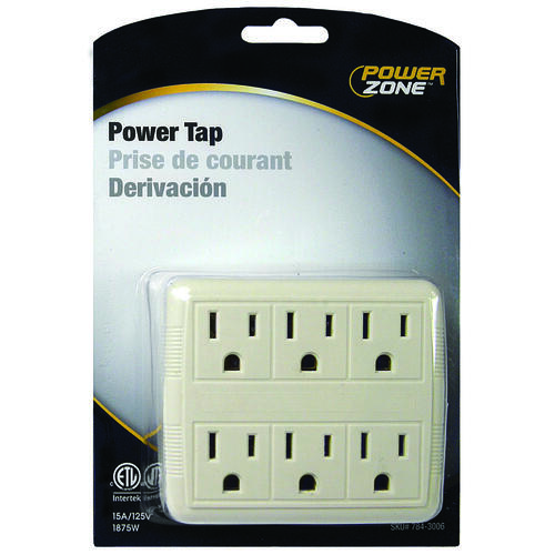 Outlet Tap, 125 V, 6 -Outlet, White