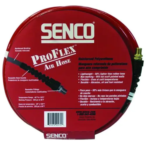 Air Hose, 3/8 in OD, 50 ft L, MPT, 250 psi Pressure, Polyurethane