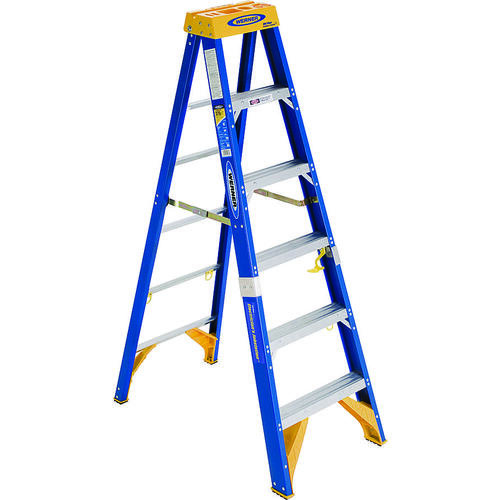 Werner OBEL06 Old Blue Step Ladder, 10 ft Max Reach H, 5-Step, 375 lb, Type IAA Duty Rating, 3 in D Step, Fiberglass