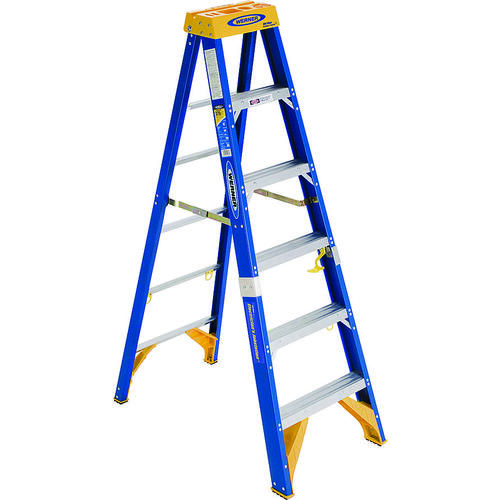 Werner OBEL06 Old Blue Step Ladder, 10 ft Max Reach H, 5-Step, 375 lb, Type IAA Duty Rating, 3 in D Step, Fiberglass Yellow