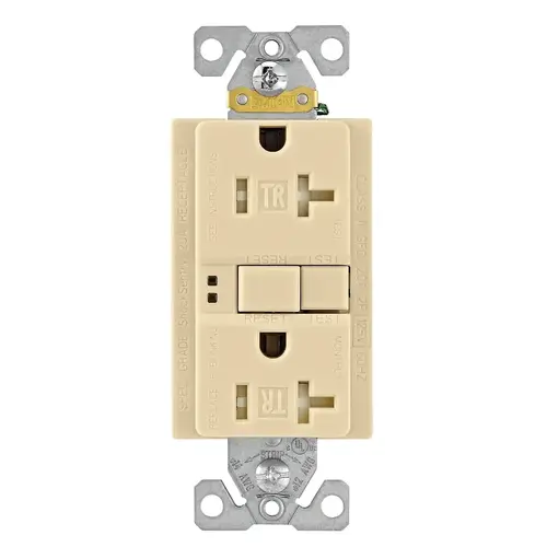 GFCI Duplex Receptacle, 2 -Pole, 20 A, 125 V, Back, Side Wiring, NEMA: 5-20R Ivory