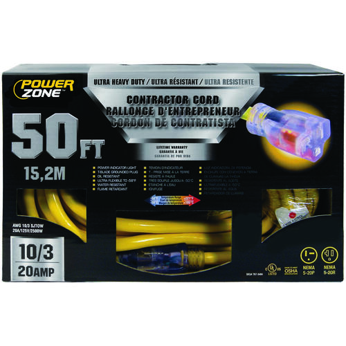 Contractor Cord, 10 AWG Cable, 50 ft L, 20 A, 125 V, Yellow