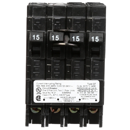 Siemens Q21515CT Circuit Breaker, Triplex, 15 A, 3 -Pole, 120/240 V, Plug Mounting