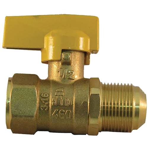 Gas Valve, 1/2 in Connection, FIP x Flare, 5 psi Pressure, Lever Actuator, Brass Body