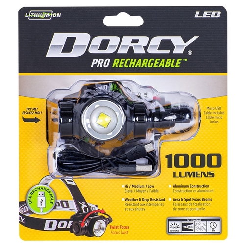 Dorcy 41-2121 Pro Headlamp, 2200 mAh, Lithium-Ion, Rechargeable Battery, LED Lamp, 1000 Lumens, Area, Spot Beam, Black