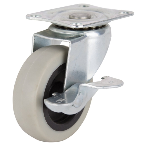 Swivel Caster with Brake, 3 in Dia Wheel, 24 mm W Wheel, Thermoplastic Rubber Wheel, Gray, 130 lb