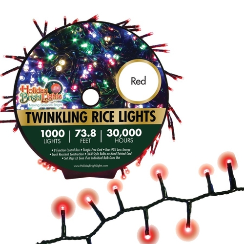 Holiday Bright Lights LED-3MR1000-GRD Straight Rice Light Set, 1000-Lamp, LED Lamp, Red Light, 74 ft L