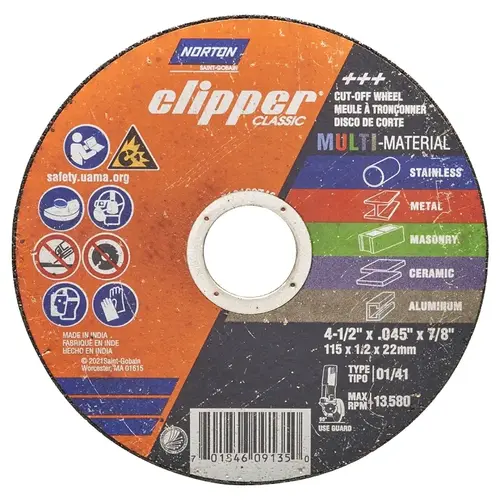 Norton 70184609135 Clipper Classic AC AO/SC Series Cut-off Wheel, 4-1/2 in Dia, 0.045 in Thick, 7/8 in Arbor