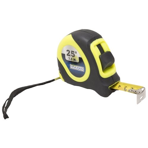 Tape Measure, 25 ft L Blade, 1 in W Blade, Steel Blade, ABS Plastic Case, Lime Case